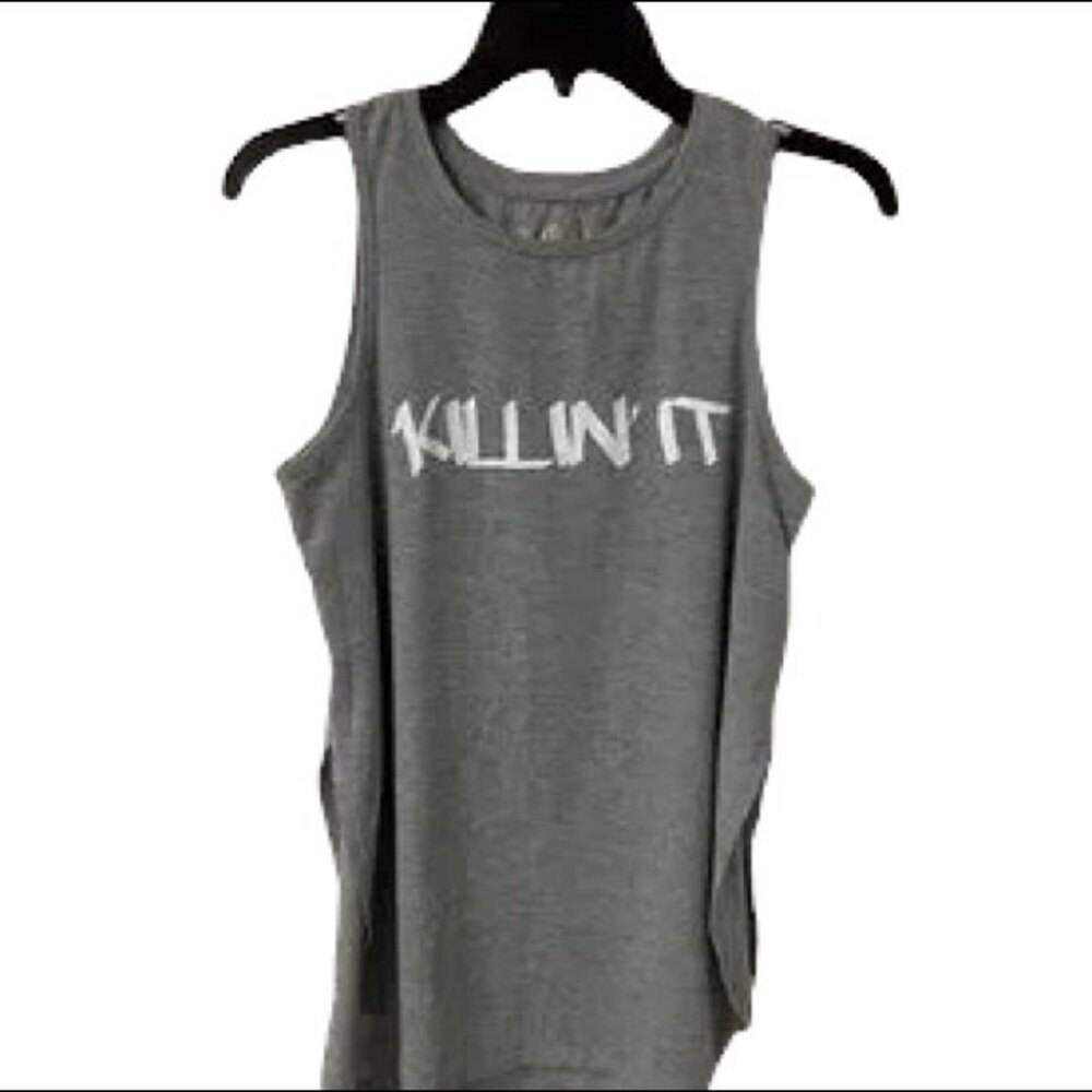 Madden NYC Women's Killin It Graphic Muscle Tank Top Gray High Side Slit Medium